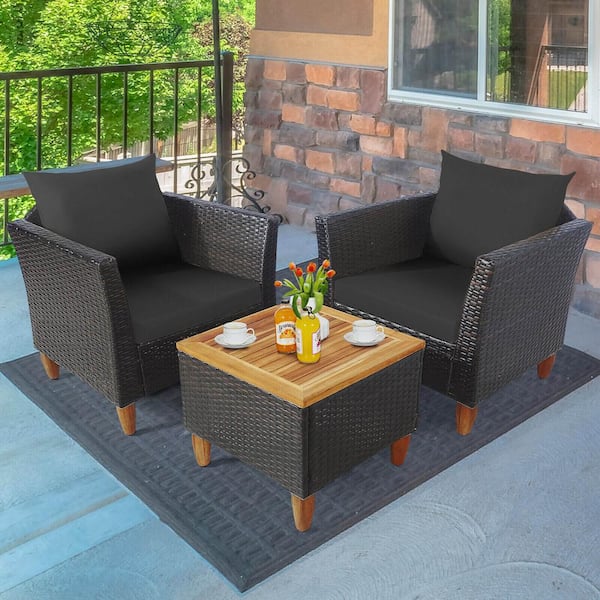 FORCLOVER 3-Pieces Wicker Patio Rattan Conversation Set with Black Cushions and Wooden Table Top