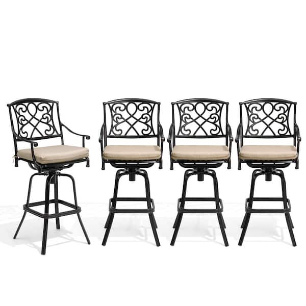 Bar Height Arm Chair Swivel Cast Aluminum Outdoor Bar Stool with Sunbrella Canvas Antique Beige Cushion (4-Pack)