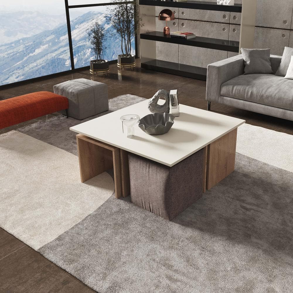 Haley Natural and Beige Nested Coffee Table with Ottoman Set