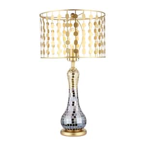 Odetta 25 in. Gold and Silver Mirror Tile Mosaic Table Lamp with Cage Shade