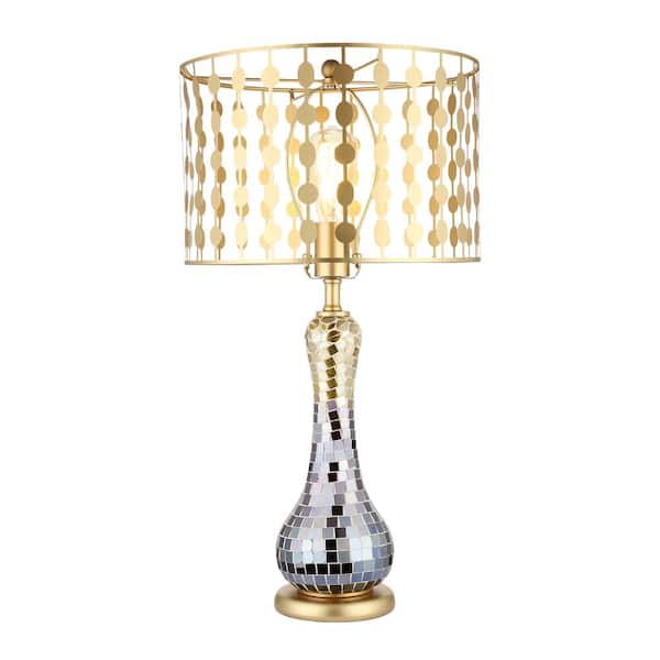 River of Goods Odetta 25 in. Gold and Silver Mirror Tile Mosaic Table Lamp with Cage Shade
