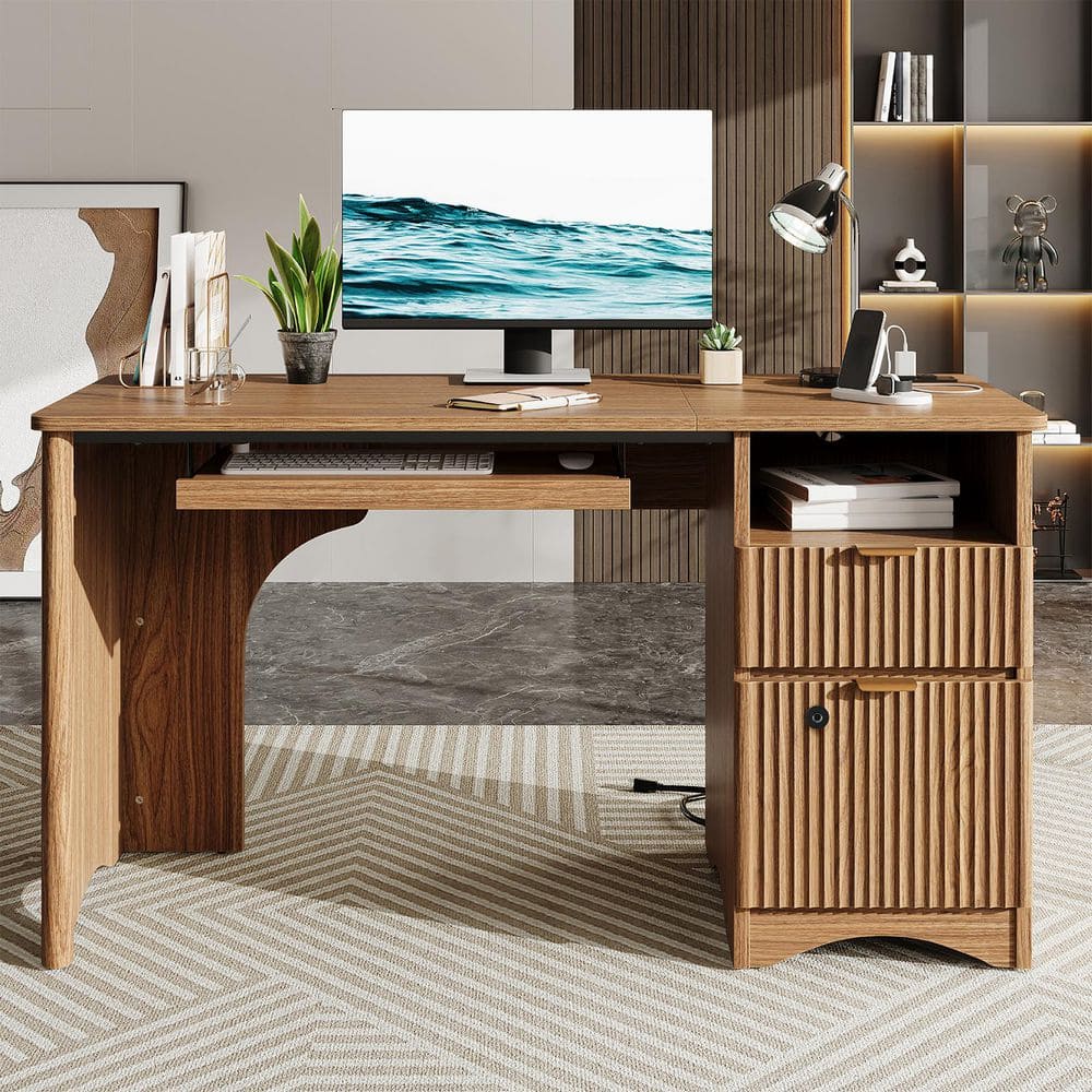 ●送料無料●多用途Studyデスク PK/BL Bestier 55 in Rectangular Brown Writing Desk with Smart Lock File