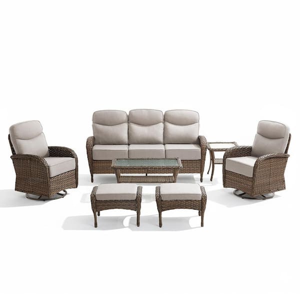 High Crescent 7-Piece Brown Wicker Patio Conversation Set with Beige Cushions and Coffee Table
