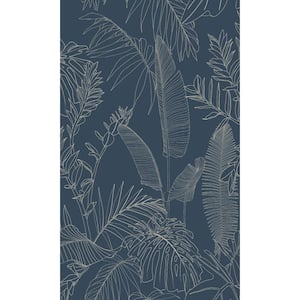 Dark Blue Tropical Leaves Botanical Printed Non-Woven Non-Pasted Textured Wallpaper 57 Sq. Ft.