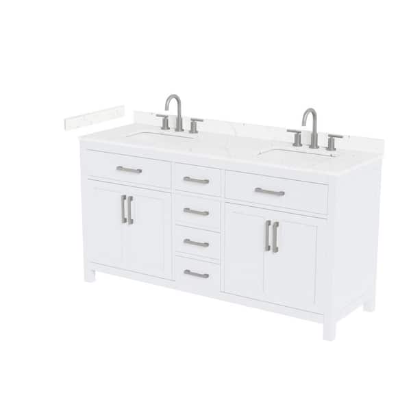 Beckett 66 in. Double Freestanding White Bath Vanity with Carrara Cultured Marble Top