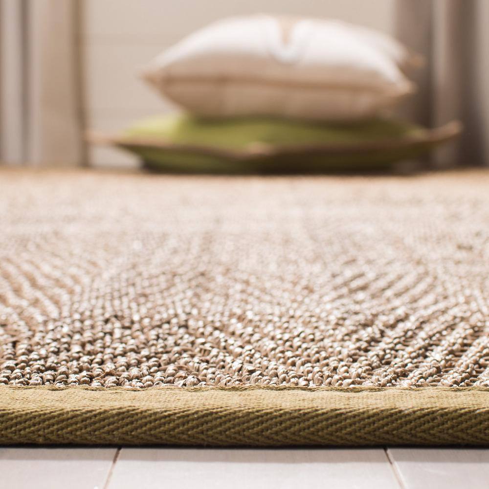 Natural Herringbone Seagrass Area Rug with Olive Border