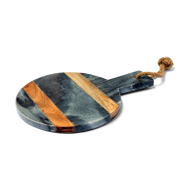 LEXI HOME Marble Collection 12 in. Circle Black Marble Charcuterie Board with Wood Accents