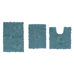 Bell Flower Collection 100% Cotton Tufted Bath Rug, 3-Pcs Set with Contour, Blue