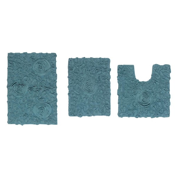 Bell Flower Collection 100% Cotton Tufted Bath Rug, 3-Pcs Set with Contour, Blue