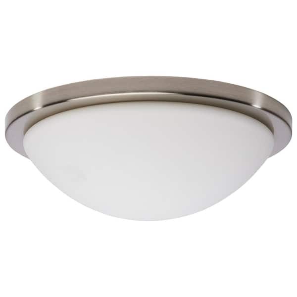 Button 13.38 in. Brushed Nickel Contemporary Flush Mount with Frosted Glass Shade and Integrated LED Included