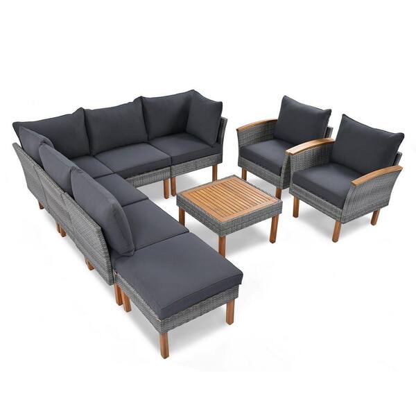 Gruisse Gray 9-Piece Wicker and Acacia Wood Outdoor Sectional Set with Cushion Guard Gray Ash Cushions