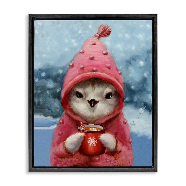 Stupell Industries Bird with Winter Cocoa by Lucia Heffernan 1-Piece Floater Frame Graphic Print Animal Poster Art Print 31 in. x 25 in.