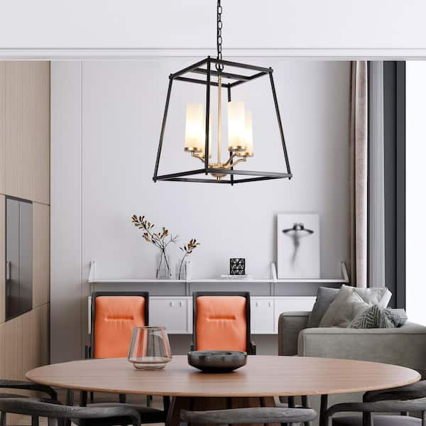 Industrial 4-Light Black Rectangle Chandelier with Frosted Glass Shades, Transitional Gold Pendant Light for Dining Room