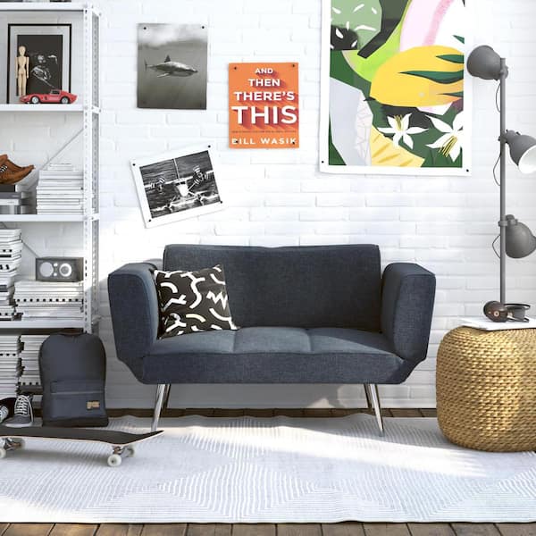 DHP Ryana Navy Linen Upholstered Futon with Magazine Storage