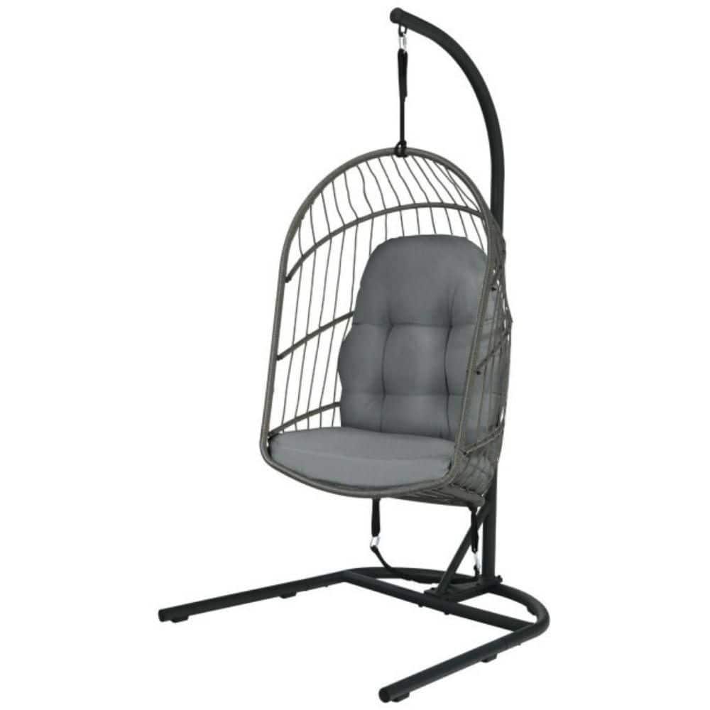 Wicker Hanging Patio Swing Egg Chair with Stand and Cushion
