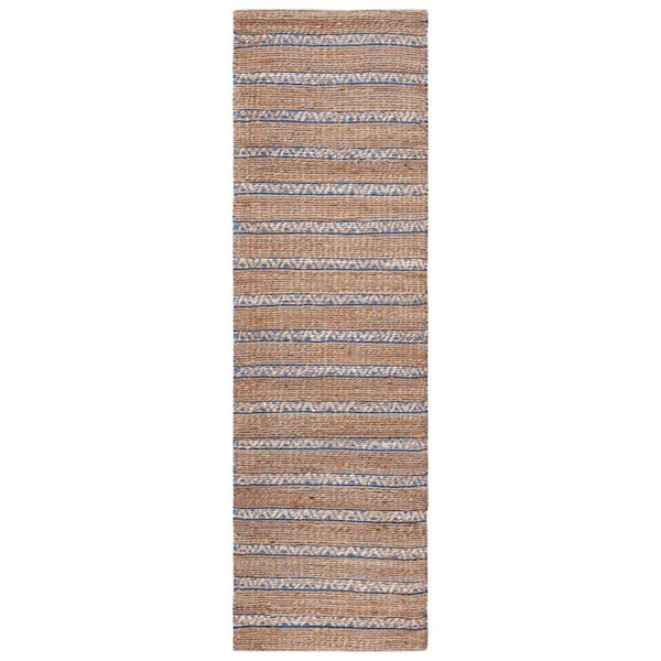 SAFAVIEH Natural Fiber Blue/Beige 2 ft. x 8 ft. Striped Woven Runner Rug