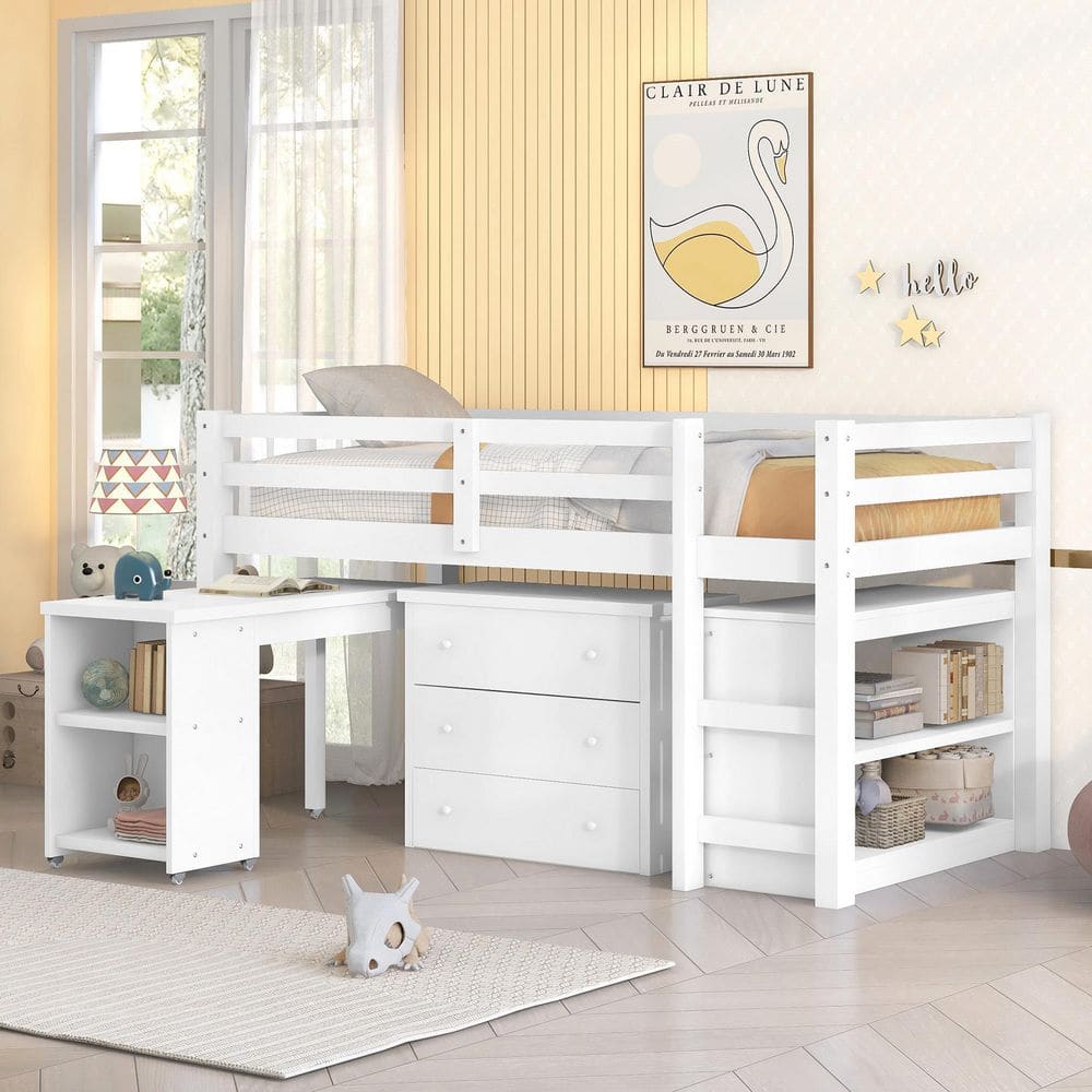 URTR White Twin Size Low Study Loft Bed Frame with Storage Cabinet and ...