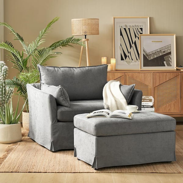 JAYDEN CREATION Sylvia Gray Modern Oversized Removable Slipcovered Chair Solid Wood Legs Armchair with Ottoman