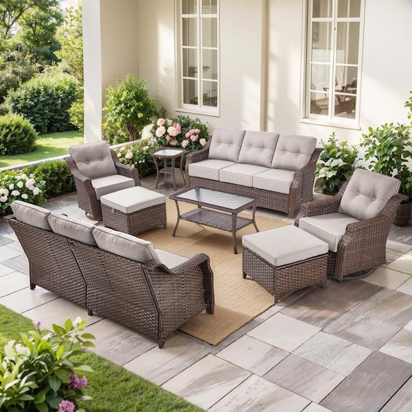 Modern Farmhouse 8-Piece Brown Wicker Patio Conversation Set with 6 In. Beige Cushions/3-Seat Sofa with Swivel Chairs
