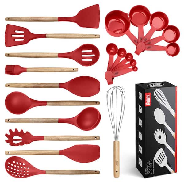 21-Piece Red Utensils Wood And Silicone Cooking Utensil Set