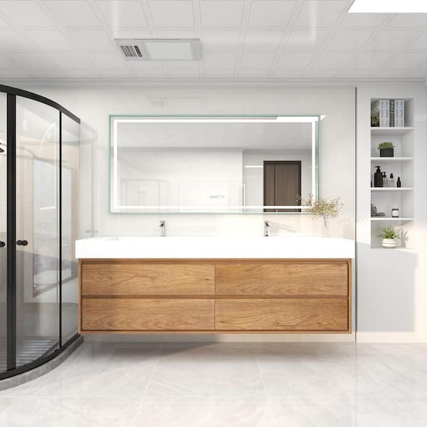 BV Better Vanity Saggie 84 in. W. x 20 in. D x 28 in. H Double Sink Floating Bath Vanity in Teak Oak with White Acrylic Top