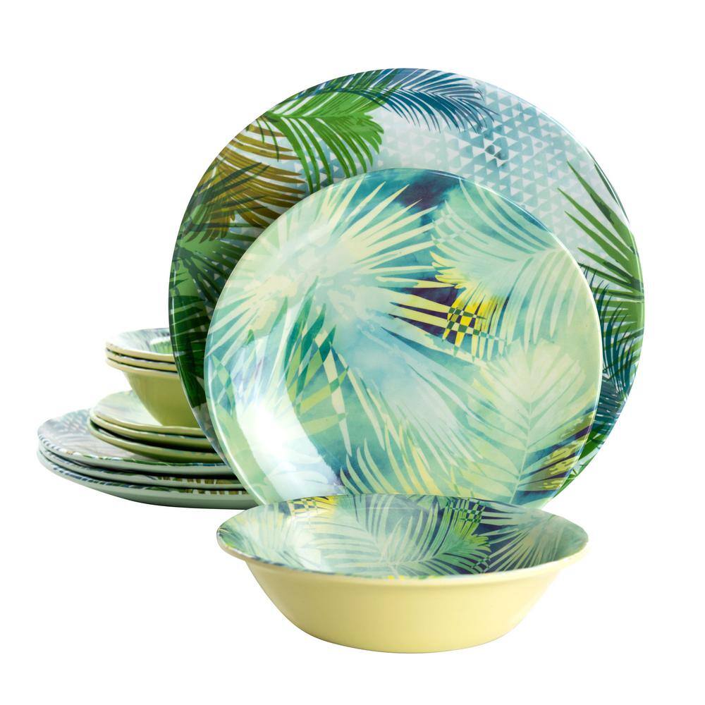 UPC 085081501028 product image for Gibson Home Tropical Leaf 12-Piece Blue Round Melamine Dinnerware Set | upcitemdb.com