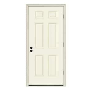 30 in. x 80 in. 6-Panel Vanilla Painted Steel Prehung Left-Hand Outswing Front Door w/Brickmould