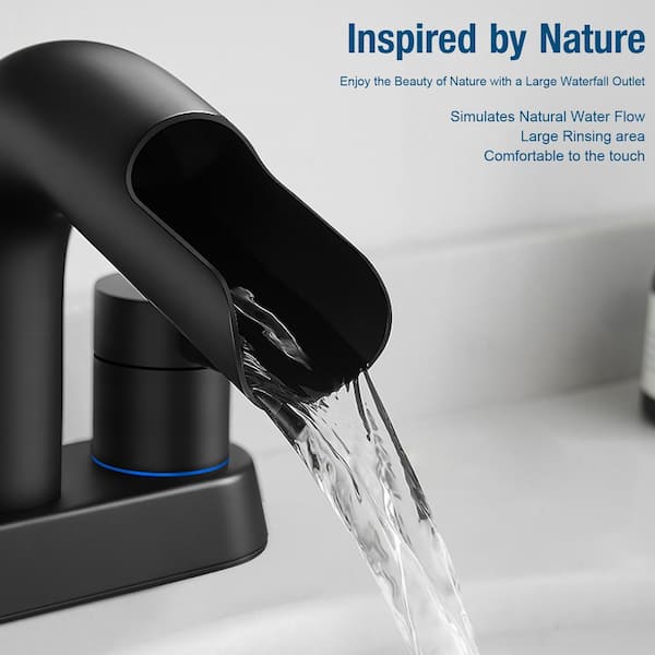 4 in. Centerset Double Handle Waterfall Spout Bathroom Faucet with Pop-Up Assembly in Matte Black