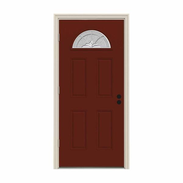 JELD-WEN 30 in. x 80 in. Fan Lite Langford Mesa Red w/ White Interior Steel Prehung Right-Hand Outswing Front Door w/Brickmould