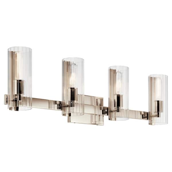 Jemsa 32 in. 4-Light Polished Nickel Soft Modern Bathroom Vanity Light with Clear Fluted Glass