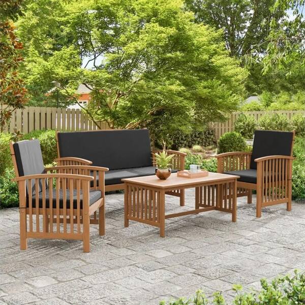 Kaila Natural Brown 4-Piece Acacia Wood Patio Sofa, Chair and Coffee Table Set with Black Cushions