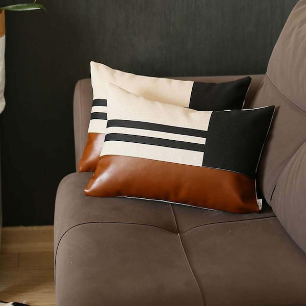 MIKE & Co. NEW YORK Boho-Chic Handcrafted Vegan Faux Leather Brown and Black 12 in. x 20 in. Lumbar Geometric Throw Pillow Cover Set of 2