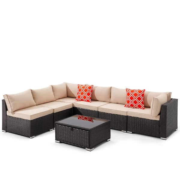 Cesicia Black Frame 7-Piece Wicker Patio Conversation Set with Khaki Cushions Pillows and Glass Table