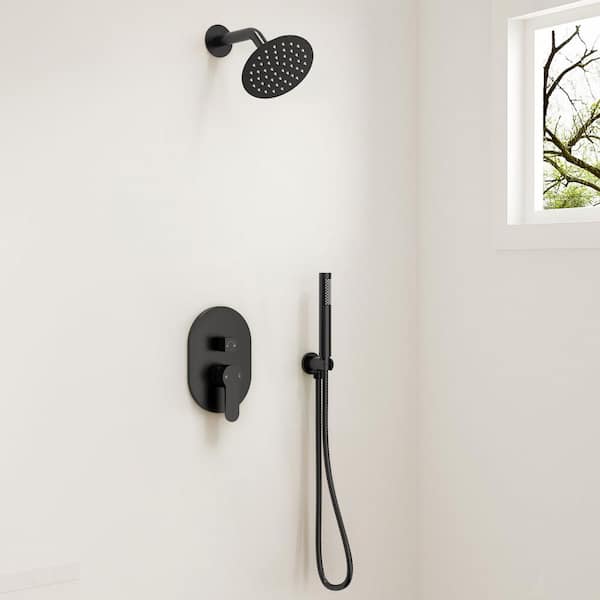 2-Spray Round Single-Handle Rain 6 in. Dual Shower Head Fixed and Handheld Shower in Matte Black
