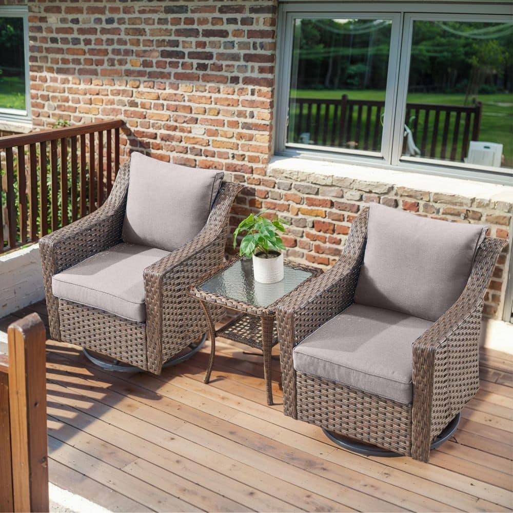 Slimline 3-Piece Brown Wicker Patio Conversation Set with Gray Olefin Cushions and Outdoor Swivel Chairs price history on PriceWatchPro