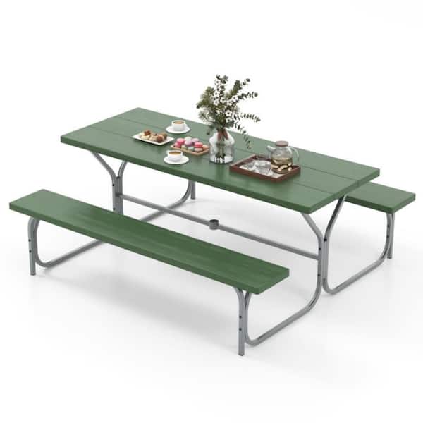 Clihome 3-Piece Green Metal Outdoor 6 ft. Dining Picnic Table Bench Set with HDPE Tabletop for 8 Person