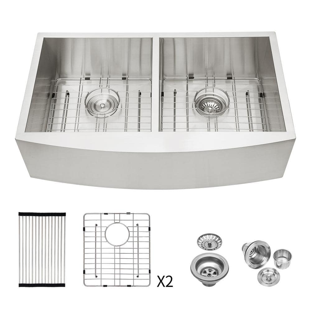 33 in. Farmhouse/Apron-Front Double Bowl 16-Gauge Brushed Nickel Stainless Steel Kitchen Sink with Accessories price history on PriceWatchPro