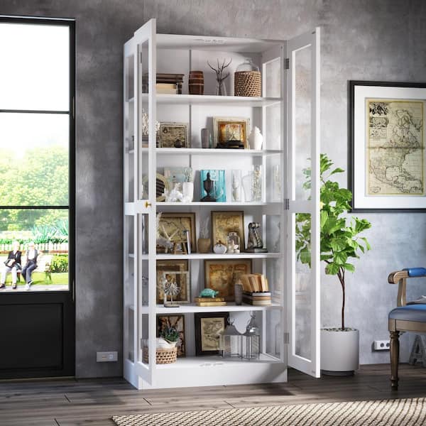 FUFU&GAGA 70.9 in. H White Wood 2-Glass Door Accent Storage
