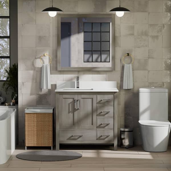 Jacques 36 in. W x 22 in. D Left Offset Distressed Grey Bath Vanity and White Quartz Top