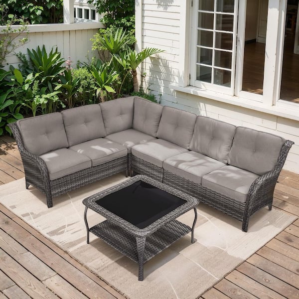 moosprr Arcline 3-Piece Gray Wicker Outdoor Sectional Set with Olefin Gray Cushions and L-Shaped Sofa/Coffee Table