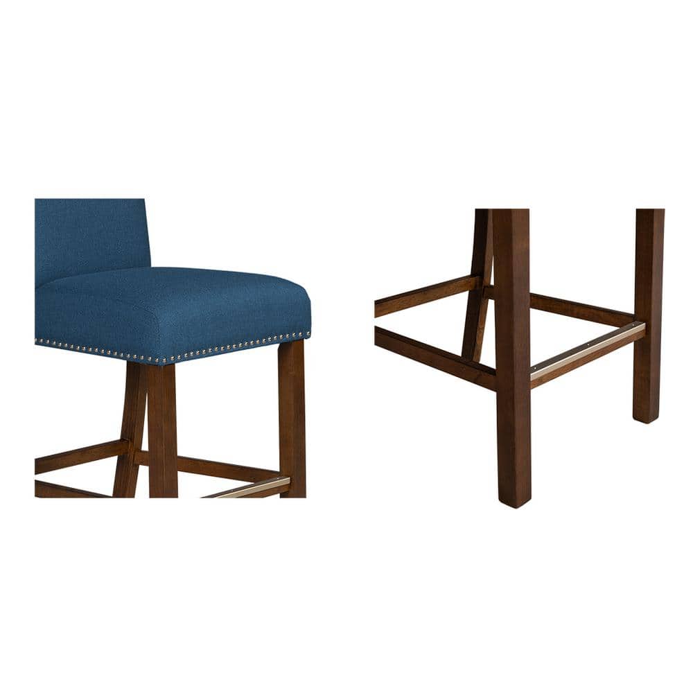 Aubrey Blue Upholstered Wood Counter Stools with Nailhead Trim