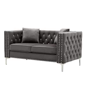 59.4 in. Square Arm Velvet Mid-Century Modern Straight 2 Seats Sofa in Gray with Jeweled Buttons and 2 Pillows