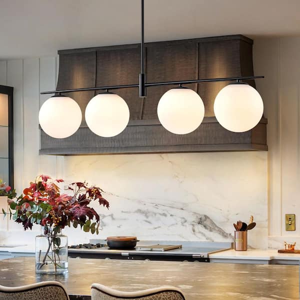Lucie 45.28 in. 4-Light Modern Black Linear Kitchen Island Pendant with Opal Glass Shade