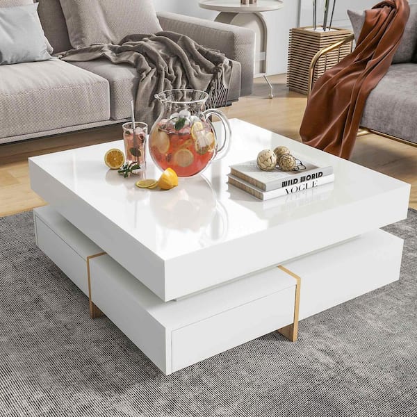 31.5 in. White Square Wood Coffee Table with 4-Drawers and Wood Grain Legs
