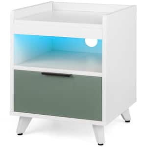 White Nightstand Modern Beside End Table with LED Lights Open Compartment and Drawer