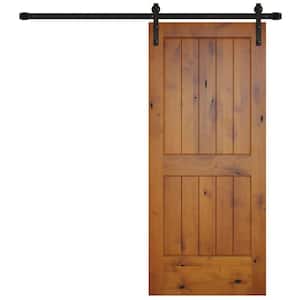 36 in. x 84 in. Rustic 2-Panel V-Groove Prefinished Knotty Alder Wood Interior Barn Door with Bronze Hardware