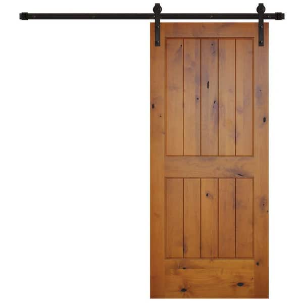 Pacific Entries 36 in. x 84 in. Rustic 2-Panel V-Groove Prefinished Knotty Alder Wood Interior Barn Door with Bronze Hardware