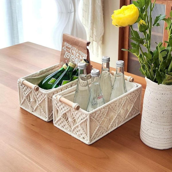 White 15 in. x 5 in. Cotton Decorative Basket (Set of 5) with Wood
