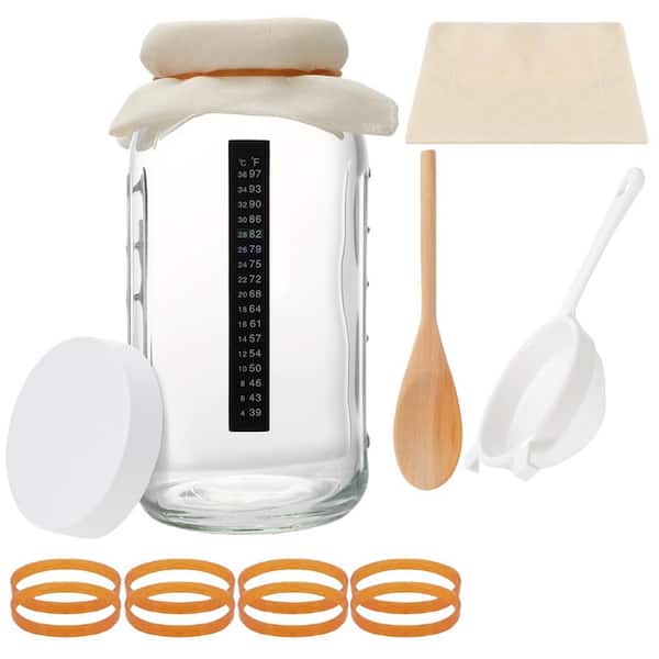 8 Pack Clear Glass 64 oz. Fermenter Kit with Plastic Storage Lid Nylon Mesh Strainer Cotton Cloth Cover and Wood Spoon