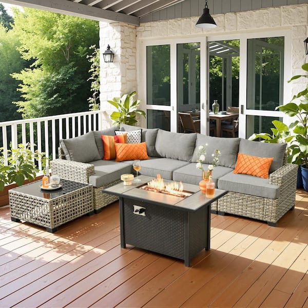 Silvae Gray 7-Piece PE Rattan Wicker Modern Outdoor Patio Conversation Sets with Fire Pit Table & Dark Gray Cushion
